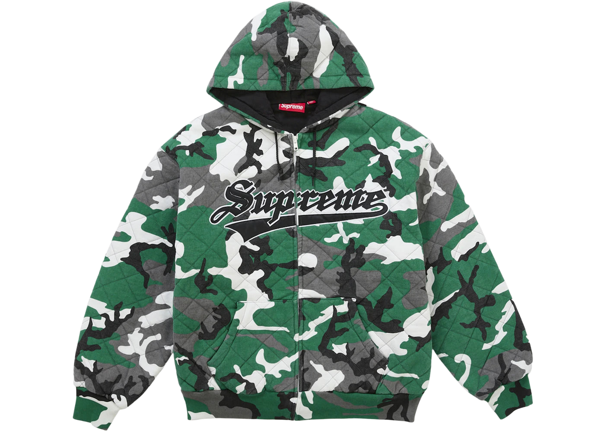 Supreme Quilted Zip Up Hooded Sweatshirt Green Camo