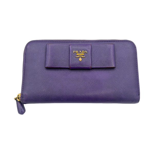 Prada Saffiano Leather Bow Zip Long Wallet - Purple