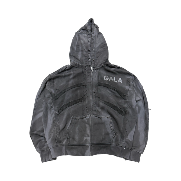 Le Gala Distressed Zip Up Hoodie Washed Black