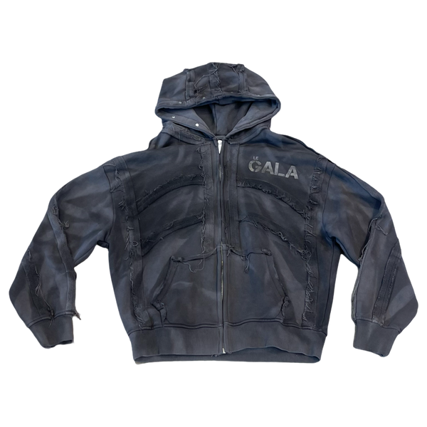 Le Gala Distressed Zip Up Hoodie Washed Black
