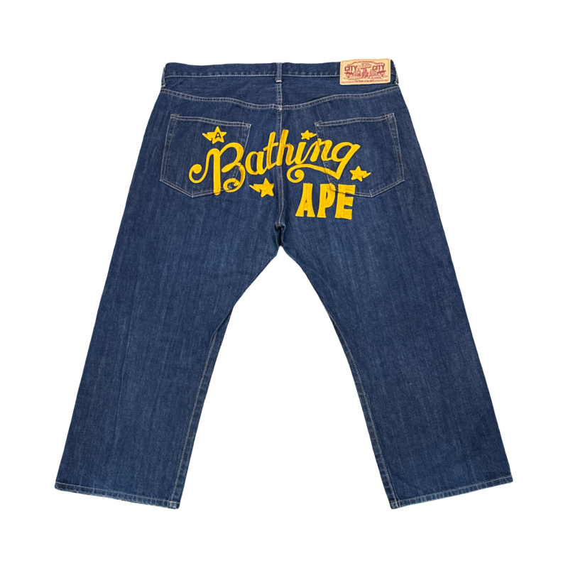 Bape Indigo Denim Yellow Spell Out Logo Star - Pre-Owned