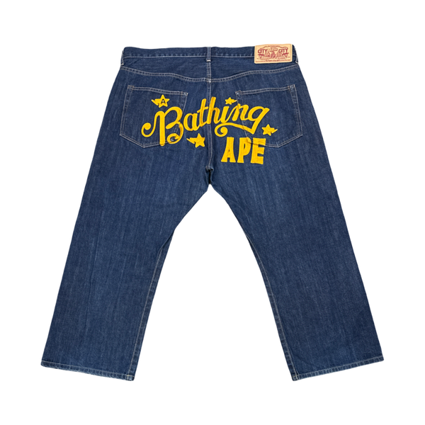 Bape Indigo Denim Yellow Spell Out Logo Star - Pre-Owned