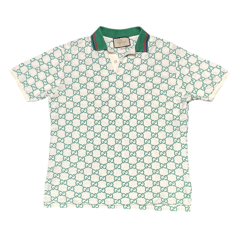 Gucci Logo-Embroidered Cotton Blend Polo in White and Green