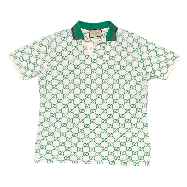 Gucci Logo-Embroidered Cotton Blend Polo in White and Green
