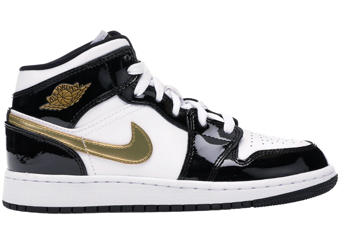 Jordan 1 Mid Patent Black White Gold (GS)